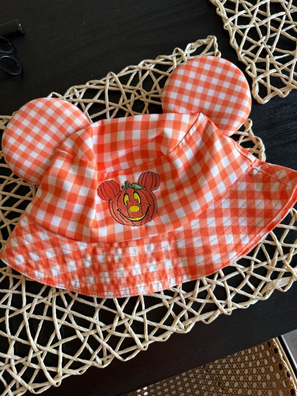 Orange Gingham Mickey Ear Bucket Hat with Pumpkin Patch Embroidery
